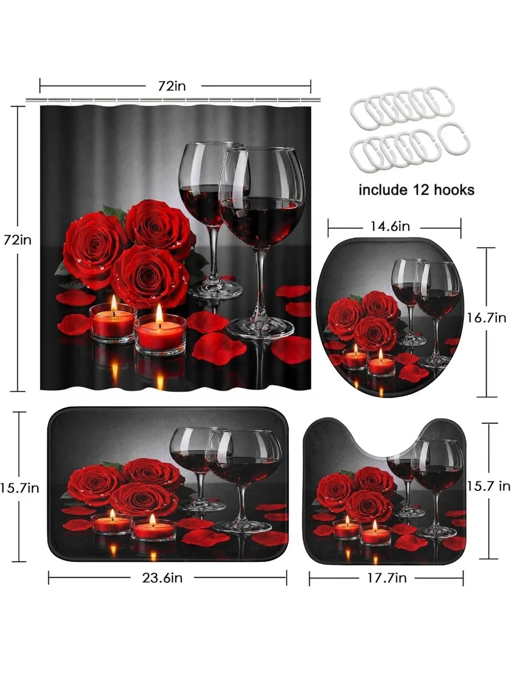 Red Rose Bathroom Shower Curtain Set - Romantic Floral Design
